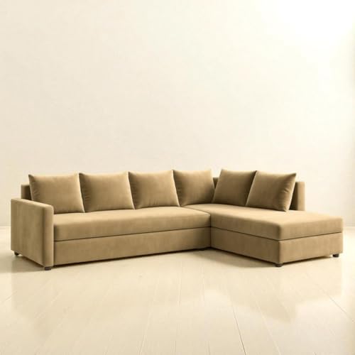 Image of FURNY Gloria 6 Seater Fabric RHS L Shape Sofa Set (Beige) Premium Velvet Finish | Durable Comfort | Ideal for Living Room
