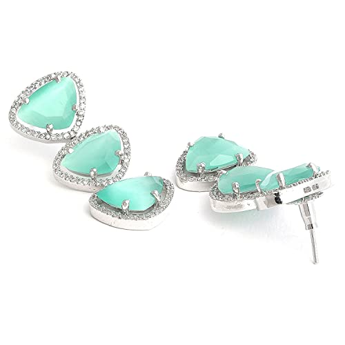 Image of ZENEME Rhodium Plated Silver Toned Triangular Shaped American Diamond Studded Jewellery Set For Women and Girl