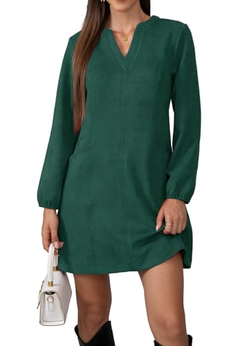 Image of Jayscreate Women's 2025 A-line Suede Dress Pocket Mini V Neck Elegant Long Sleeve Spring Fall Winter Short Dress