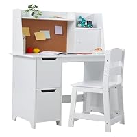 Kids Study Desk and Chair Set with Storage - White Learning Table with Bookshelf and Cabinets for Boys and Girls Ages 3-8