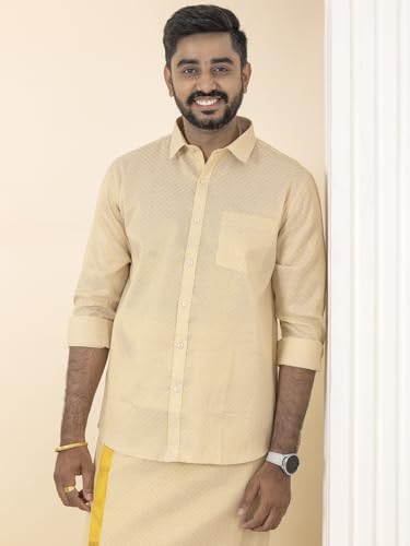 Image of RAMRAJ COTTON Men Gold Tissue Jacquard Full Sleeves Shirt with Matching Dhoti Set