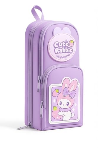 Image of Premium Canvas Pencil Case Hang able 6 Layer with 3 Compartment Cute Aesthetic Pencil Case Large Capacity Pencil Pouch for Kids (Cute Rabbit - Purple)