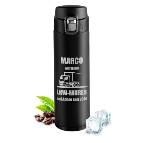 Maverton Trinkflasche mit Gravur 400 ml - Thermobecher auslaufsicher 100% dicht - Weihnachtsgeschenke - Easy-Clean-Deckel - Thermoskanne aus Edelstahl - für Männer zum Geburtstag - schwarz - LKW