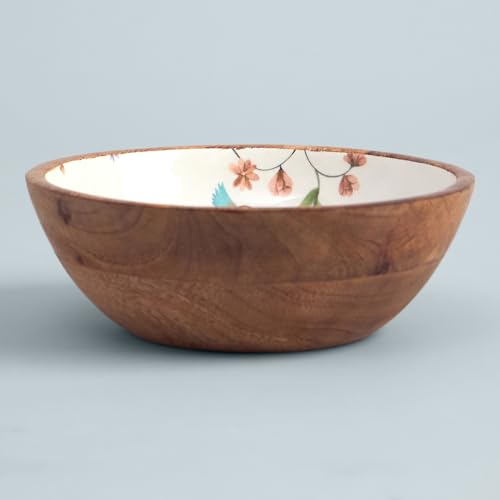 Image of SAAGA Printed Mango Wood Mixing Bowl - 8 x 2.5 Inch Large Wooden Serving Bowl | Stylish Salad, Fruit & Snack Bowl - Mistletoe Finish