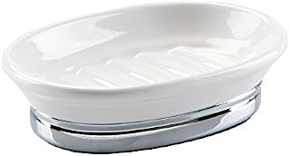 iDesign Soap Dish Holder, Oval Shaped Made of Ceramic and Metal, Practical Soap Storage for Bathroom Kitchen Sink, White/Chrome, Standard
