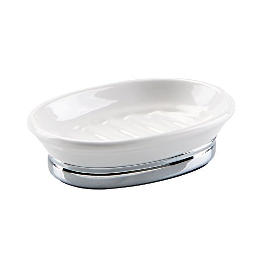 iDesign Portajabón para baño y cocina, jabonera pequeña de cerámica y metal con forma ovalada, soporte para jabón para lavabo o fregadero, blanco y plateado