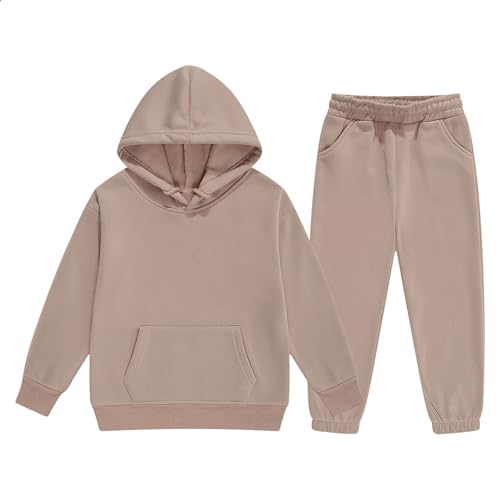Boys Hoodies 2 Piece Outfit Fall Workout Long Sleeve Oversized Preppy Pullover Tops Sweatpants Set (Khaki, 7-8 Years)