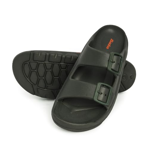 Image of Bata Men's Double Strap Slide Sandals, Grey, EVA Material, Adjustable Buckle, Textured Footbed, Casual Comfort, Open Toe