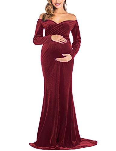 JustVH Velvet Maternity Off Shoulder Half Circle Fitted Gown Maxi Photography Dress for Baby Shower Photo Props Dress Burgundy