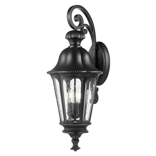 Image of Outdoor Light Fixtures, HWH Exterior Wall Sconce Lantern with Seeded Glass, 29'' Large Outdoor Wall Lamp Antique Porch Light for Patio Garage Entryway, Matte Black Finish, 5HW90B-L BK