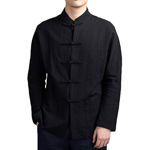 Men's Blouse Kung Fu Shirt Long Sleeve Linen Tops Tang Suit Black XL Cover