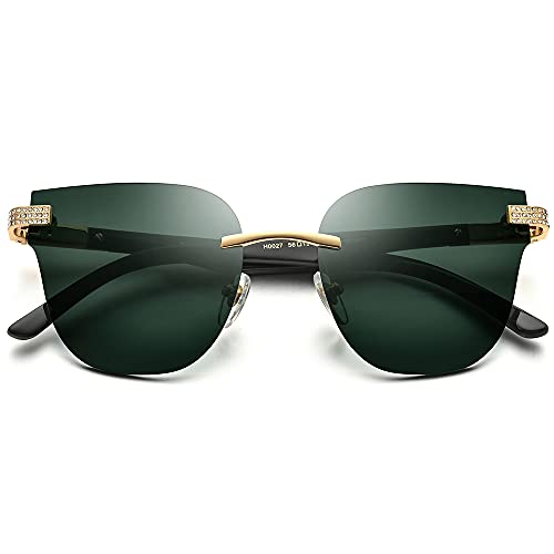 Image of HEPIDEM 100% Really Buffalo Horn Handmade Sun Glasses for Women,Square Rimless Luxury Buffs Sunglasses With Diamonds