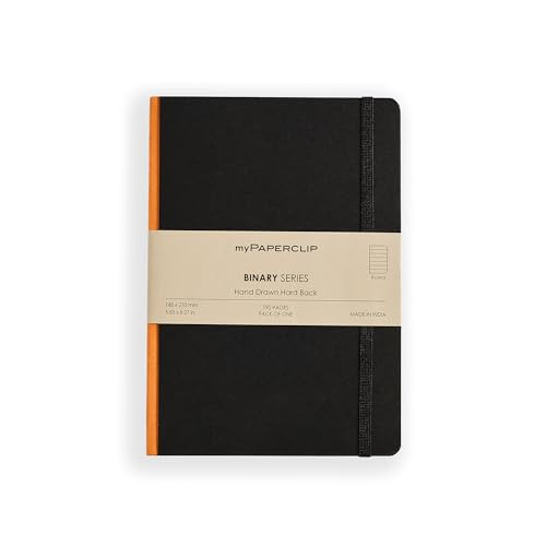 Image of myPAPERCLIP Binary Series - A5 Ruled Notebook | Italian Hardboard Cover | 192 Pages, 80 GSM Paper, A5 (5.83 x 8.27 in) | Thread Bound with Elastic Closure & Bookmark | Orange Spine