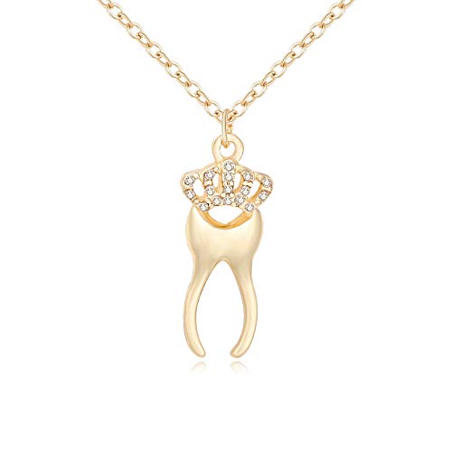 MANZHEN Rhinestone Crown Tooth Pendant Necklace Medical Jewelry for Dentist Gifts (Gold)