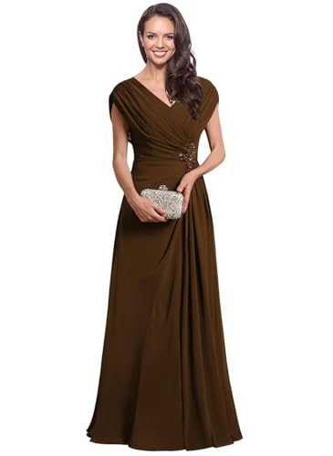 Miao Duo Cap Sleeves Pleated Mother of The Bride Dresses Long V Neck Chiffon Formal Dress for Women YZTS122