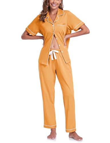 COLORFULLEAF Women's 100% Cotton Pajamas Set Button Down Sleepwear Short Sleeve Shirt and Long Pants...