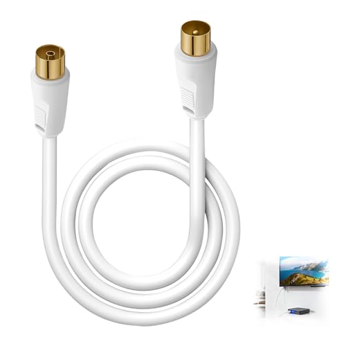 Dupoem Câble d'Extension d'Antenne TV de 1 Mètre, Câble Coaxial en Cuivre Pur à Double Blindage, Câble RF pour TV Numérique HD, Fiche Plaquée Or, Prend en Charge la Réception du Signal DVB-C (Blanc)