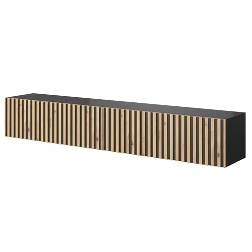 Selsey TV Schrank Board Sideboard Fernsehtisch Fernsehschrank 175 cm Hängend Schwarz Mit Lamellierter Front Telire