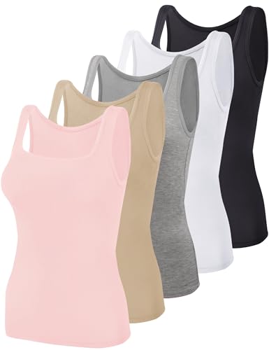 BQTQ 5 Pack Square Neck Tank Tops for Women Sleeveless Ladies Tank Top with Square Neck Womens Undershirts, M(Black, White, Gray, Beige, Pink)