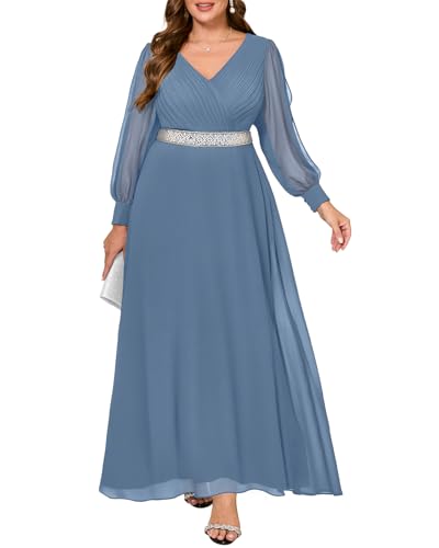 Image of Pinup Fashion Plus Formal Evening Bridesmaid Wedding Guest Fall Long Dress | Chifffon, ruched faux wrap v neck, hollow out long sleeve with buttoned cuffs, beading waist, evening, formal wedding guest