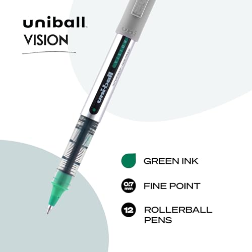 Image of Uniball Vision Rollerball Pens, Green Pens Pack of 12 - 0.7mm Fine Point Medium Ink - Japanese Pens, Smooth Writing Pens, School & Office Supplies