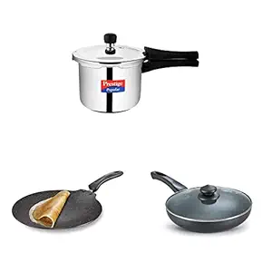 Prestige Aluminium Popular Outer Lid Pressure Cooker, 3Ltrs&Prestige Omega Deluxe Granite Flat Dosa Tawa, (Black, 30 Cm)&Prestige Omega Deluxe Granite Fry Pan With Lid, 26 Cm, 3 Liter