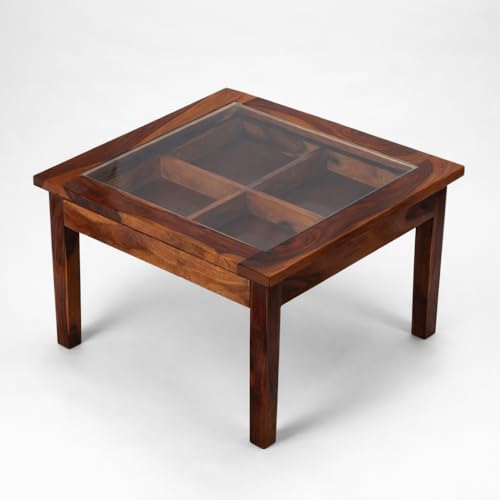 Image of Solid Sheesham Wood Coffee Table for Living Room | Center Table with Clear Glass Top and Large Storage Drawer | Premium Wooden Teapoy | Honey Finish | Fully Assembled | (70 x 70 x 46 CM)