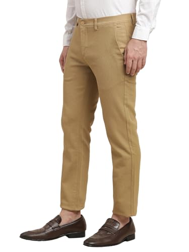 Image of Turtle Men Cotton Stretch Dark Beige Dobby Printed Ultra Slim Fit Casual Trouser