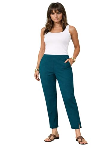 Image of KOTTY Women's Solid Straight Fit Ankle-Length Pants with Elastic Waist and Comfortable Stretch Fabric