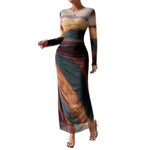 Image of LIGHT DOT Women's Printed Bodycon Maxi Dress Long Sleeve Tie Dye Mesh Ruched Cocktail Dress
