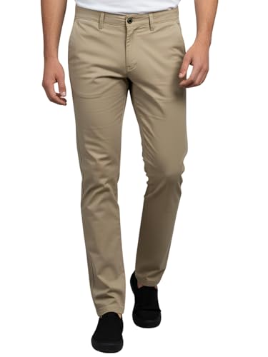 Image of LIVE IN Mens Tan Cotton Blend Slim Fit Casual Solid Trousers