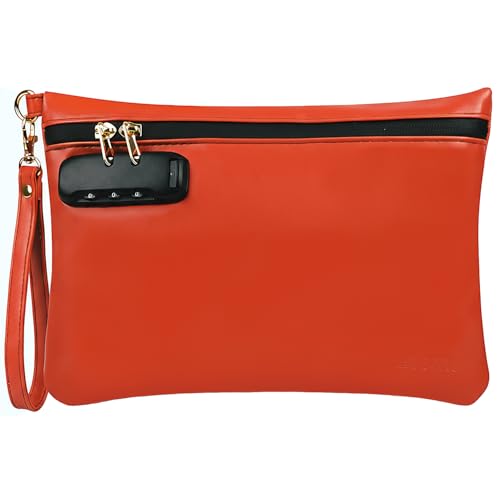 Gift Box Package PU Leather Smell Proof Bag with Combination Lock, Handy Cosmetic Bag with Handle, Travel Money Cash Bag, Bank Pouch with Zipper. (Orange)