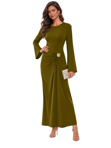 Sipaya Maxi Bodycon Dresses for Women Wedding Guest Formal Business Casual Long Sleeve Cocktail Outfits Midi Fall Fashion Winter Clothing Funeral Olive Green L - image 3