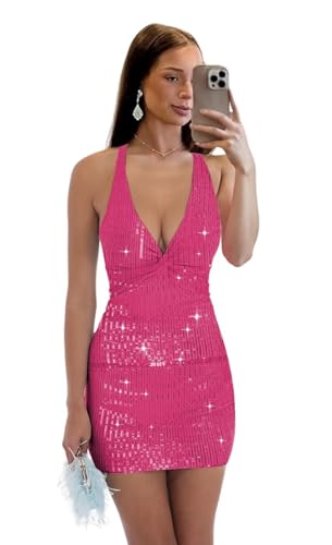 SEIM Sparkly Sequin Homecoming Dresses for Teens 2025 Halter Backless Mini Tight Cocktail Party Gown