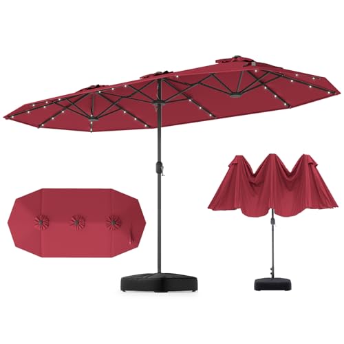 GOPLUS Grand Parasol de Jardin Exterieur avec Pied, 4M Parasol Double Face avec LED, Manivelle et Ventilation, pour 6 Personnes pour Marché, Piscine,...