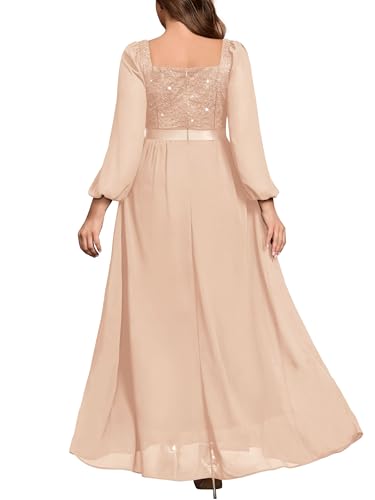 Image of MISSMAY Women's Plus Size Sequin Lace Square V Neck Sheer Long Sleeves Formal Evening Chiffon Long Dress