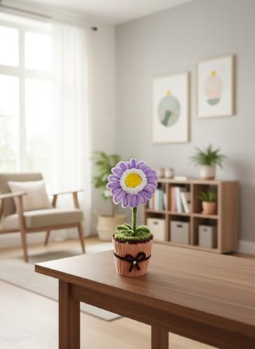 Image of Handmade Artificial Flower Pot for Home Decor | Cute Fuzzy Wire Pipe Cleaner Flower Plant | Aesthetic Tabletop Decorative Pot for Home, Office & Gifting (Soft Bloom :- White - Purple)