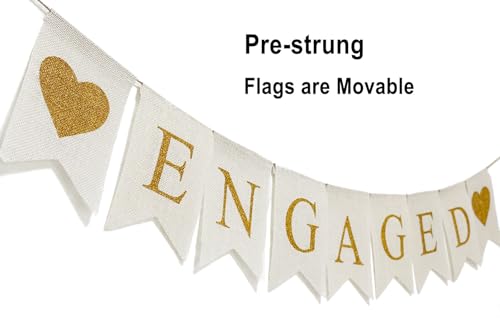 Image of Burlap Engaged Banner Sign, White and Gold | Prestrung, Adjustable, Reusable, Rustic Engagement Party Decorations