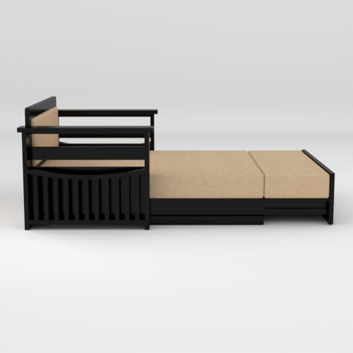 Image of Solid Sheesham Wood Sofa Cums Bed with Mattress & Storage | Rosewood Convertible Sofa Bed for Living Room & Bedroom (E-Walnut, 2 Seater)