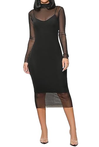 Image of Atyfuniby Women's Sexy 3 Piece Outfits Mesh See Through Ruched Midi Dresses + Crop Tank Tops + Skinny Shorts Sets Clubwear