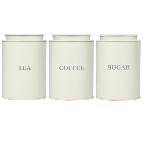 Bayseun Tea Coffee Sugar Canisters, Set of 3 Tea Coffee and Sugar Canisters for Home, Easy Open & Airtight Lids, Decorative Food Caddy, Kitchen Storage Jars, Decorative Stainless Tins, Cream