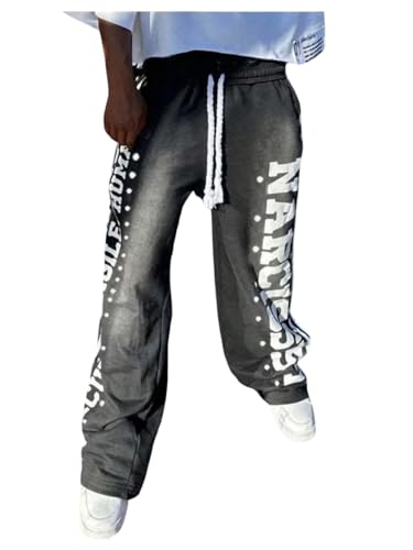 Men's Gothic Y2K Sweatpants Wide Leg Letter Graphic Track Pants Drawstring Waist Sports Trousers