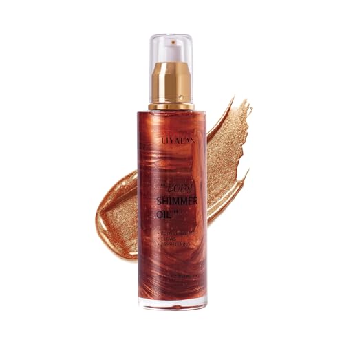 Liyalan Shimmer Body Oil Golden Brown 5 Color Bronze Face Brighten Glow Pearl Highlighter Illuminator Body Makeup Shine Glitter Gold Liquid Taning(3.38 Fl Oz/#04)