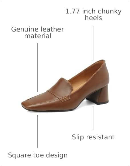 Image of TinaCus Women's Square Toe Genuine Leather Handmade Chunky Heels Slip-on Casual Loafers Shoes