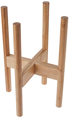 FOX & FERN Mid-Century Modern Soporte para Plantas - Ancho Ajustable Desde 23 cm Hasta 33 cm - Madera de Bambú - EXCLUYENDO Maceta de Cerámica Blanca Cover