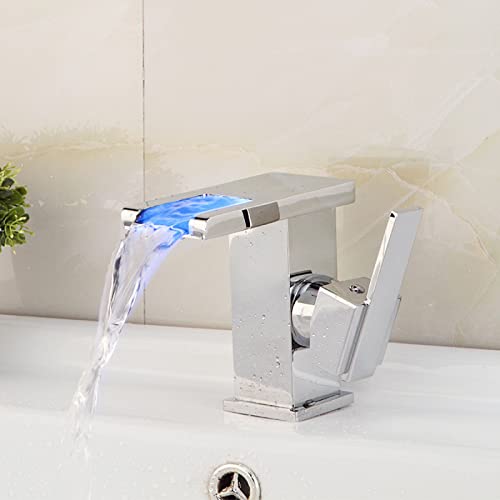 Robinet mitigeur pour lavabo de salle de bain anti-brûlure à cascade LED en laiton