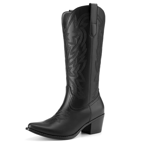 Athlefit Cowboy Cowgirl Boots for Women Fashion Low Chunky Heel Snip Toe Embroidery Western Mid Calf Boots Black Size 8