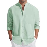 Friptspyg Camicia da Uomo in Cotone e Lino, a Maniche Lunghe, vestibilità Normale, Estiva, con Colletto Alto, per Il Tempo Libero, con Tasca, Verde Menta S