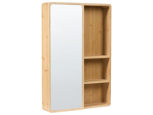 Beliani Armoire de Toilette Murale Moderne en Bois de Bambou 61 x 41 cm avec Miroir et Porte Coulissante avec 3 Étagères Marron Clair Guatavita