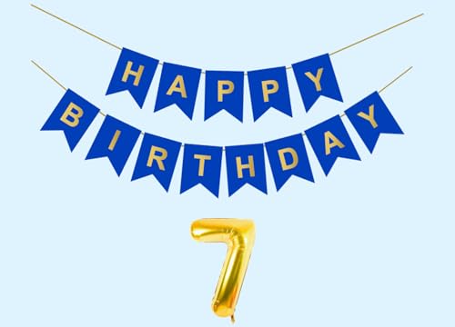 Image of 7th Happy Birthday Decoration Kit Dark Blue for 7 year Old Boys Girls Kids with Number Seven Party Decorations Decor Celebration Items Item Set Combo Reusable Paper Banner